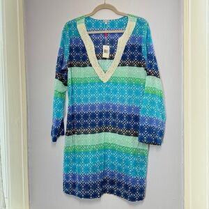 NWT! Echo Design blue white beaded v-neck long sleeve swim cover up size large